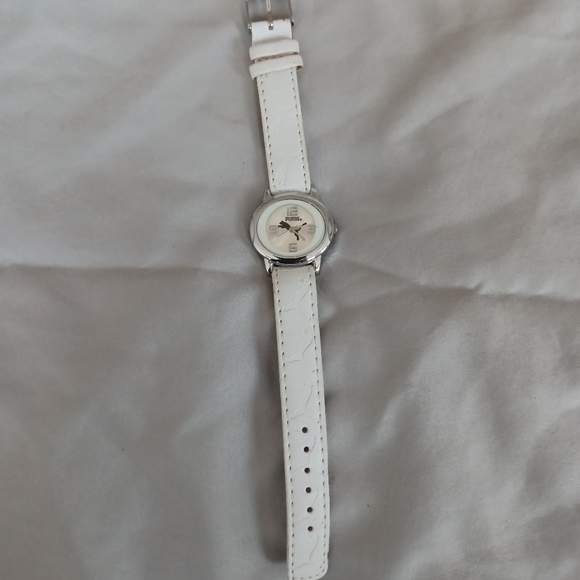 Puma white leather logo monogram band silver watch with black symbol timepiece - Picture 2 of 8